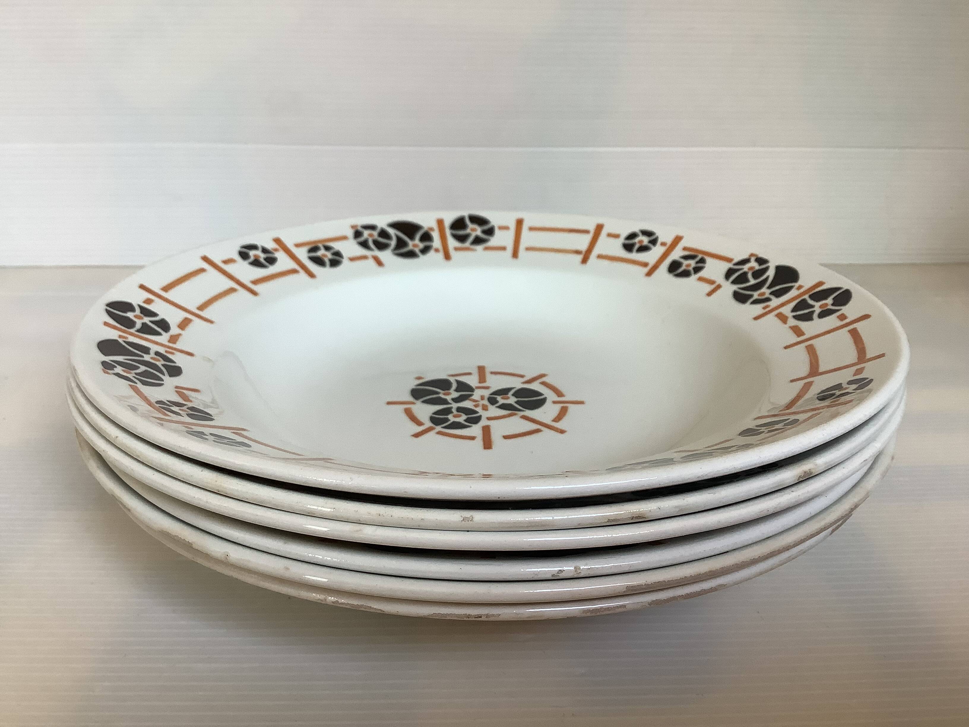 Six antique deep plates, earthenware, 1930s, Nymphéas model.