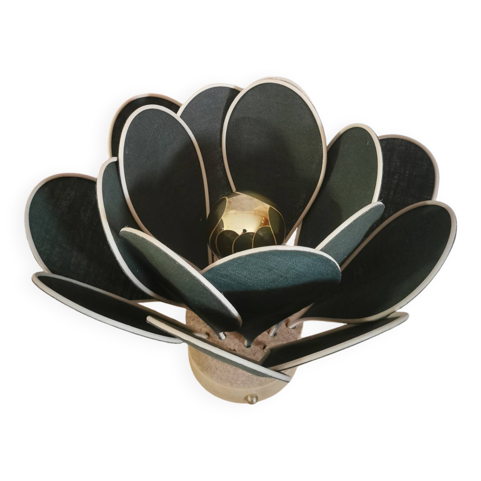 Flower table lamp made of rattan and fir green linen petals