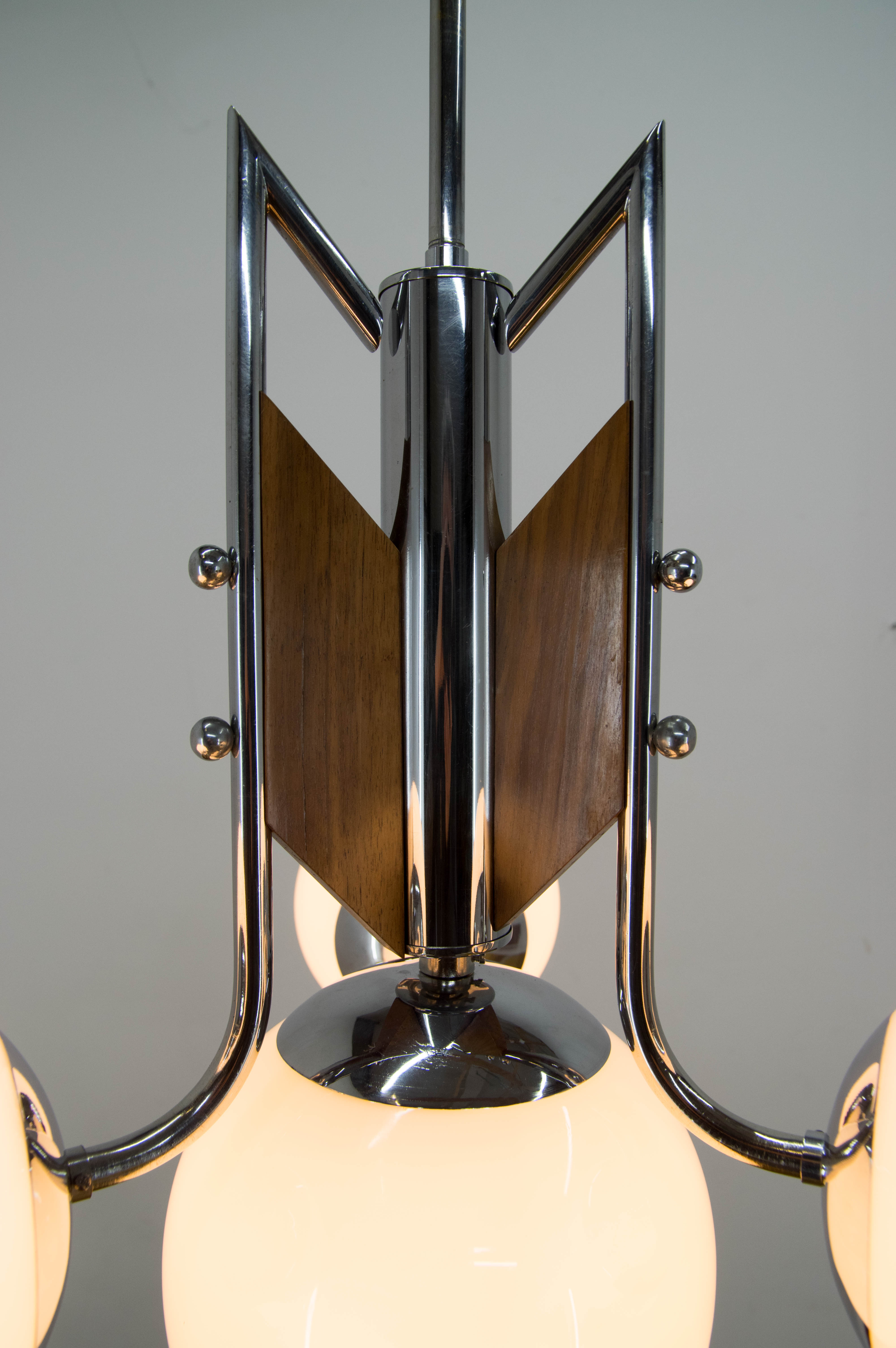Wood and chrome functionalist chandelier, 1940s