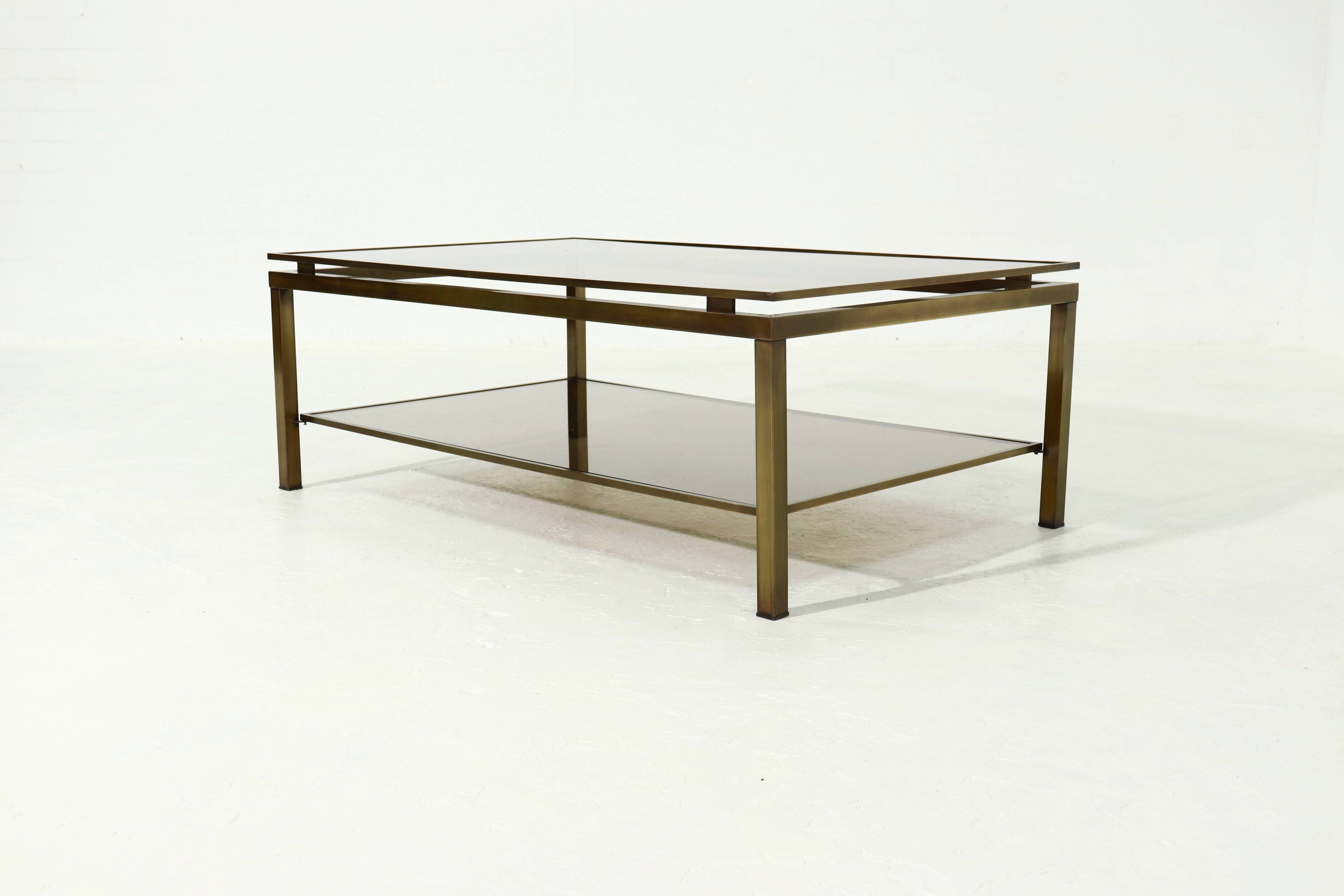 Two Tier Brass and Smoked Glass Coffee Table 1970s