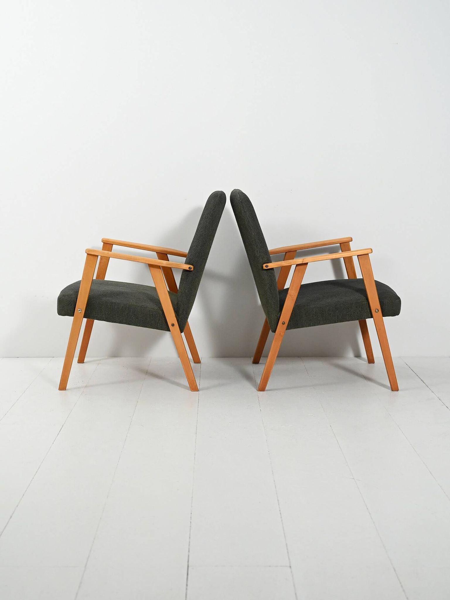 Pair of Beech Armchairs with grey upholstery