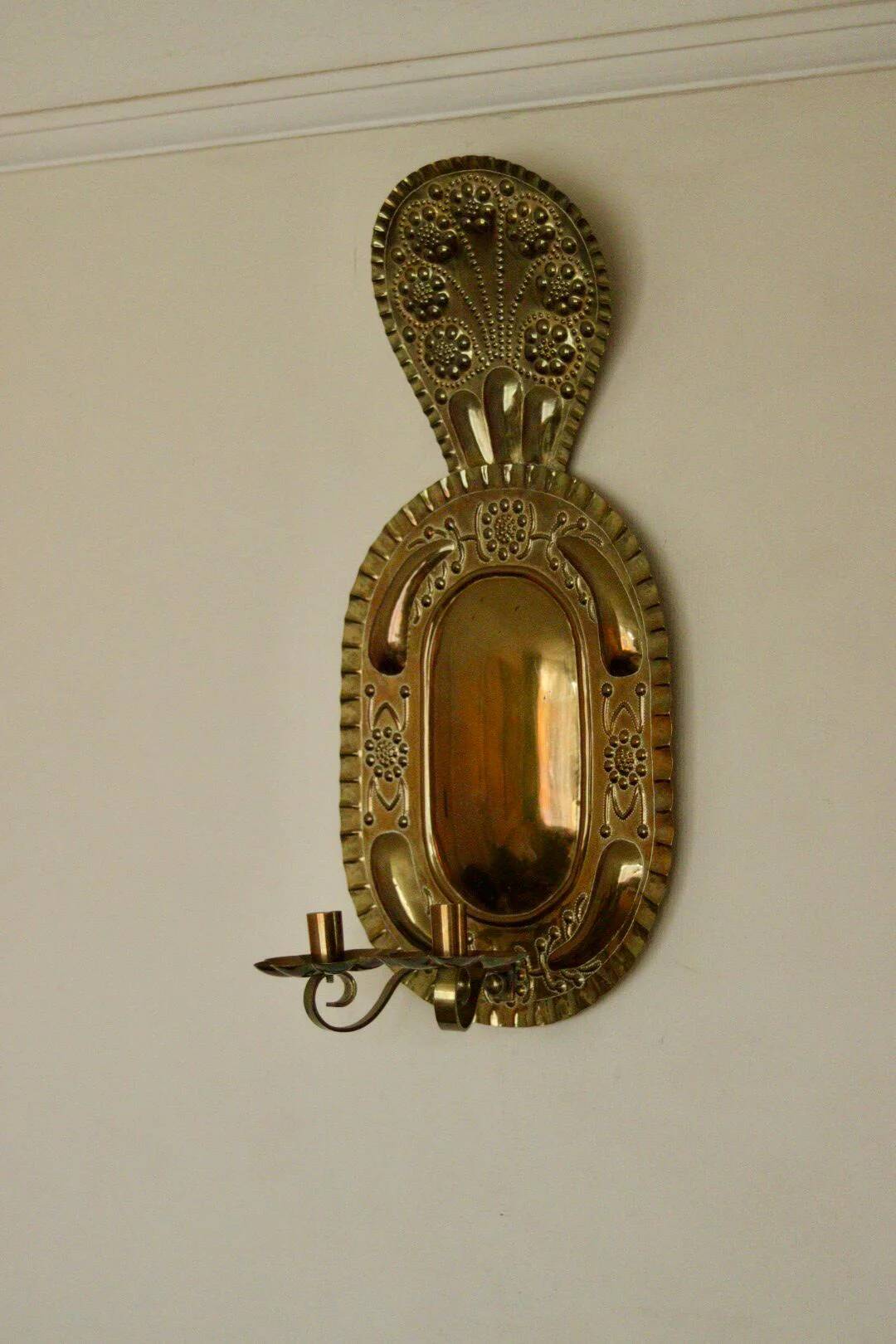 X-large mid-century Swedish brass Baroque sconce with double arm design