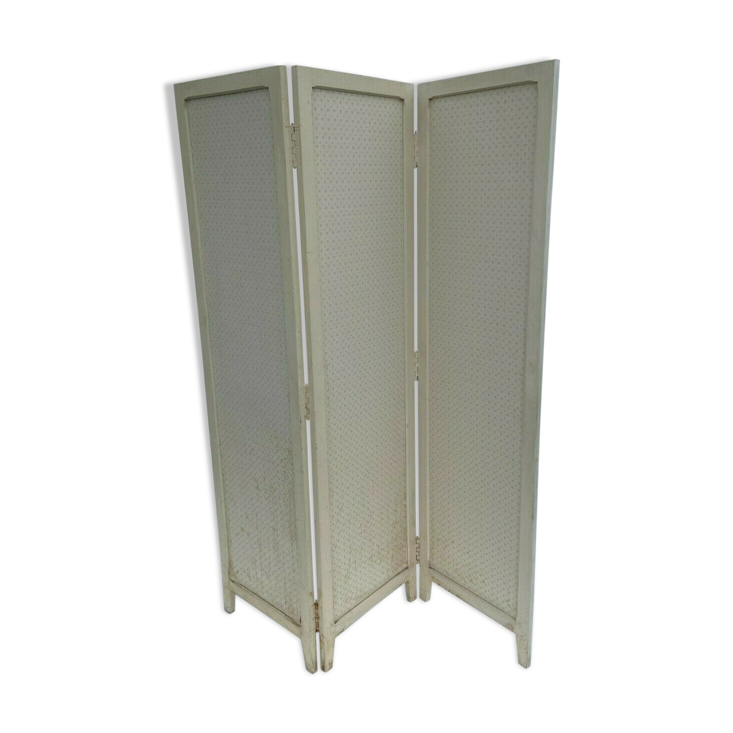Paravent 3 vantaux 1920 patine creme en bois papier colle