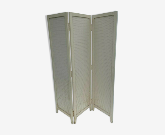 Paravent 3 vantaux 1920 patine creme en bois papier colle