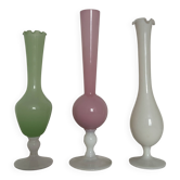 Set of 3 antique vases in pink, white, and green opaline.