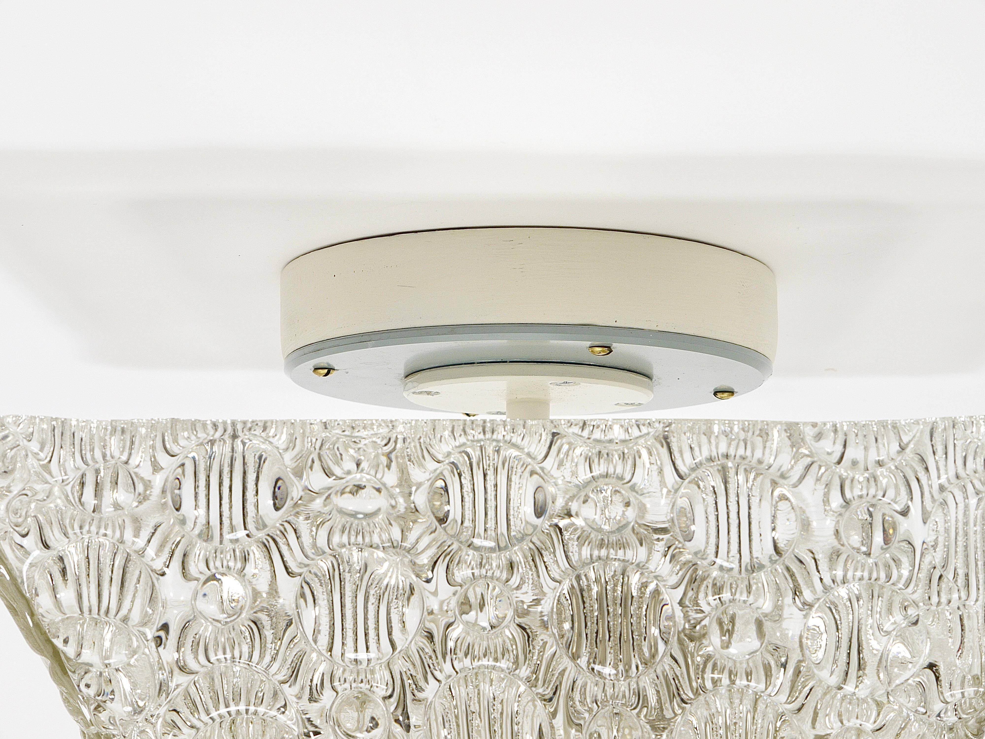 J.T. Kalmar Square Applique Ceiling Light in Brass and Textured Glass, 1950s