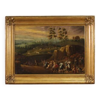 Painting oil on canvas landscape with wayfarers from the 18th century