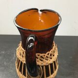 Carafe juice service with 4 orange blown glass glasses + vintage wicker