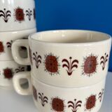 cup vintage 1970s pattern, set of 5 seventies mug stackable cup beige and brown pattern