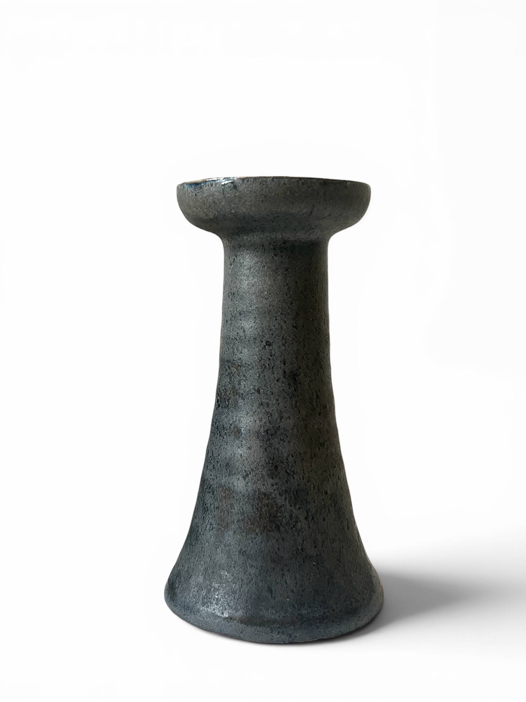 Mid-century ceramic candlestick in black and blue signed Vivien Goron 1970.