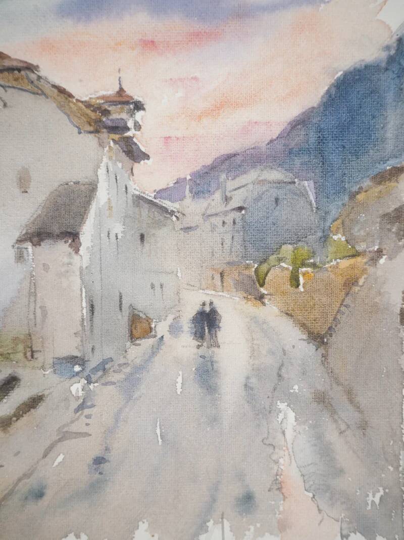 René LEVERD: Switzerland, on the road to Bouveret, Original signed watercolor