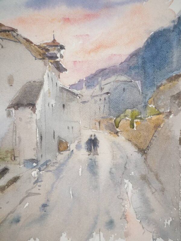 René LEVERD : Suisse, sur la route de Bouveret, Aquarelle originale signée