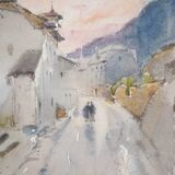René LEVERD: Switzerland, on the road to Bouveret, Original signed watercolor