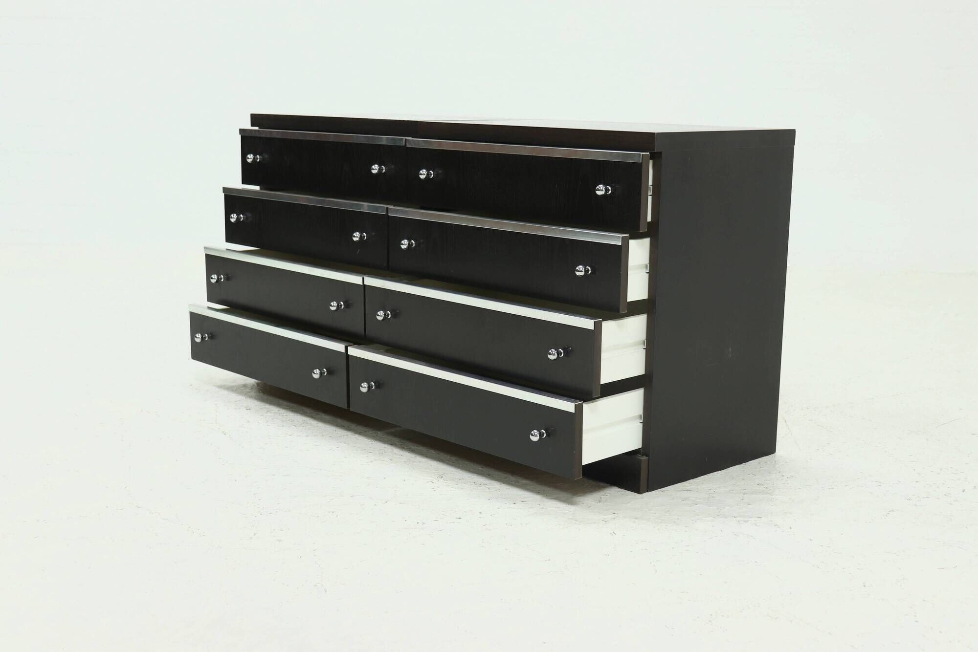Pair Chest of Drawers in Ebonized Wood with Aluminium Accents 1980s