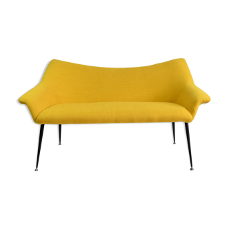 Vintage two-seater Sofa, German Democratic Republic, 1960s, fully restored, yellow fabric, chrome