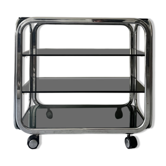 Hi-fi unit serving trolley in smoked glass and chrome, 1970s design.