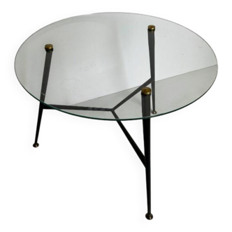 Table basse ronde en verre et métal des années 1950