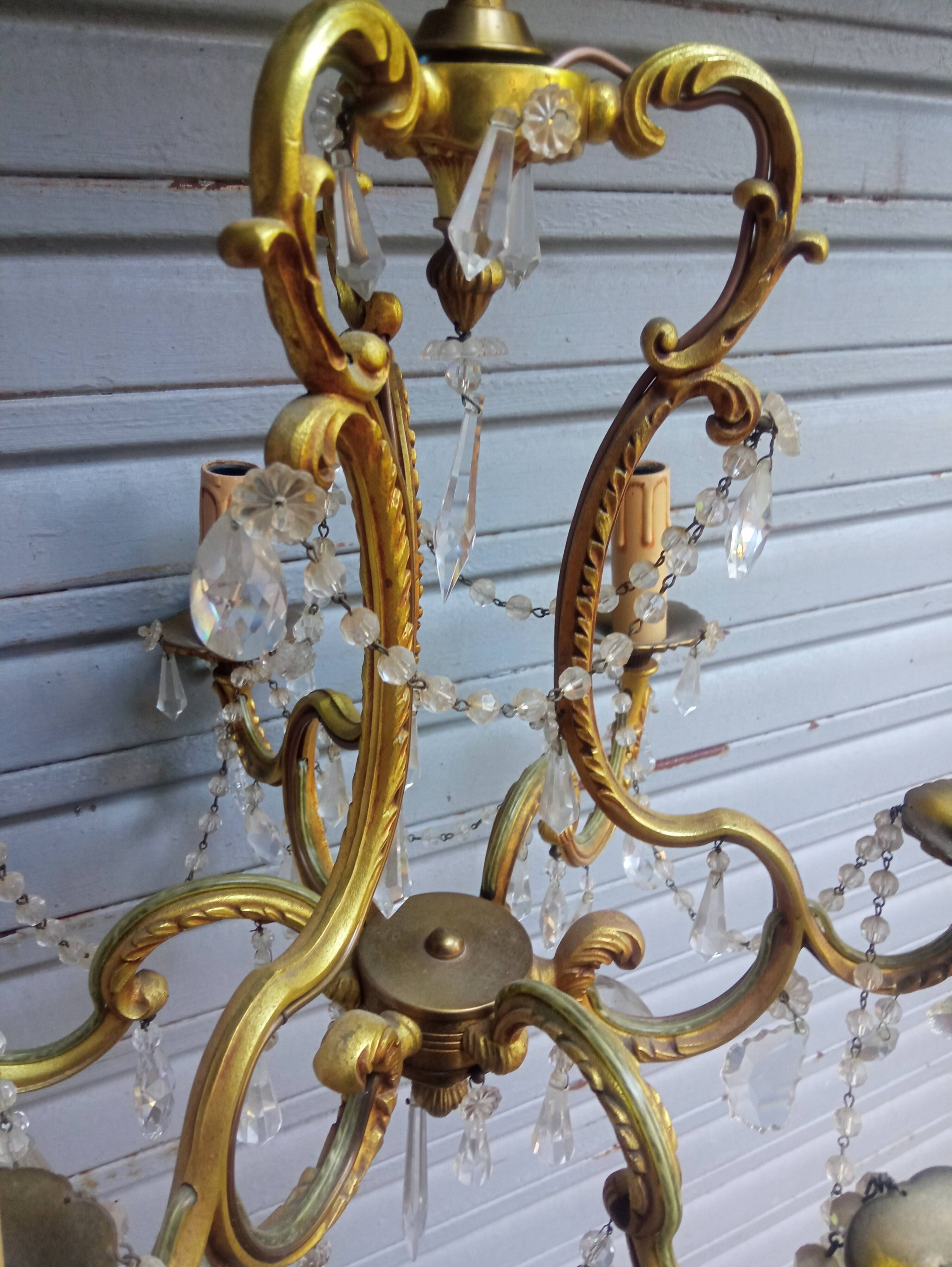 Antique cage chandelier in gilded bronze and crystal, 6 lights / working condition l gau