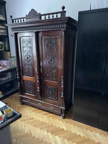 Antique Style Baroque Revival Carved Oak Wardrobe