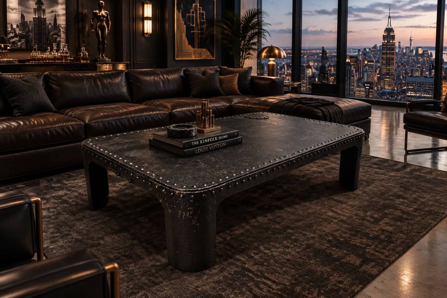 Industrial coffee table in riveted metal from around 1920 – black patina – 145 × 80 cm