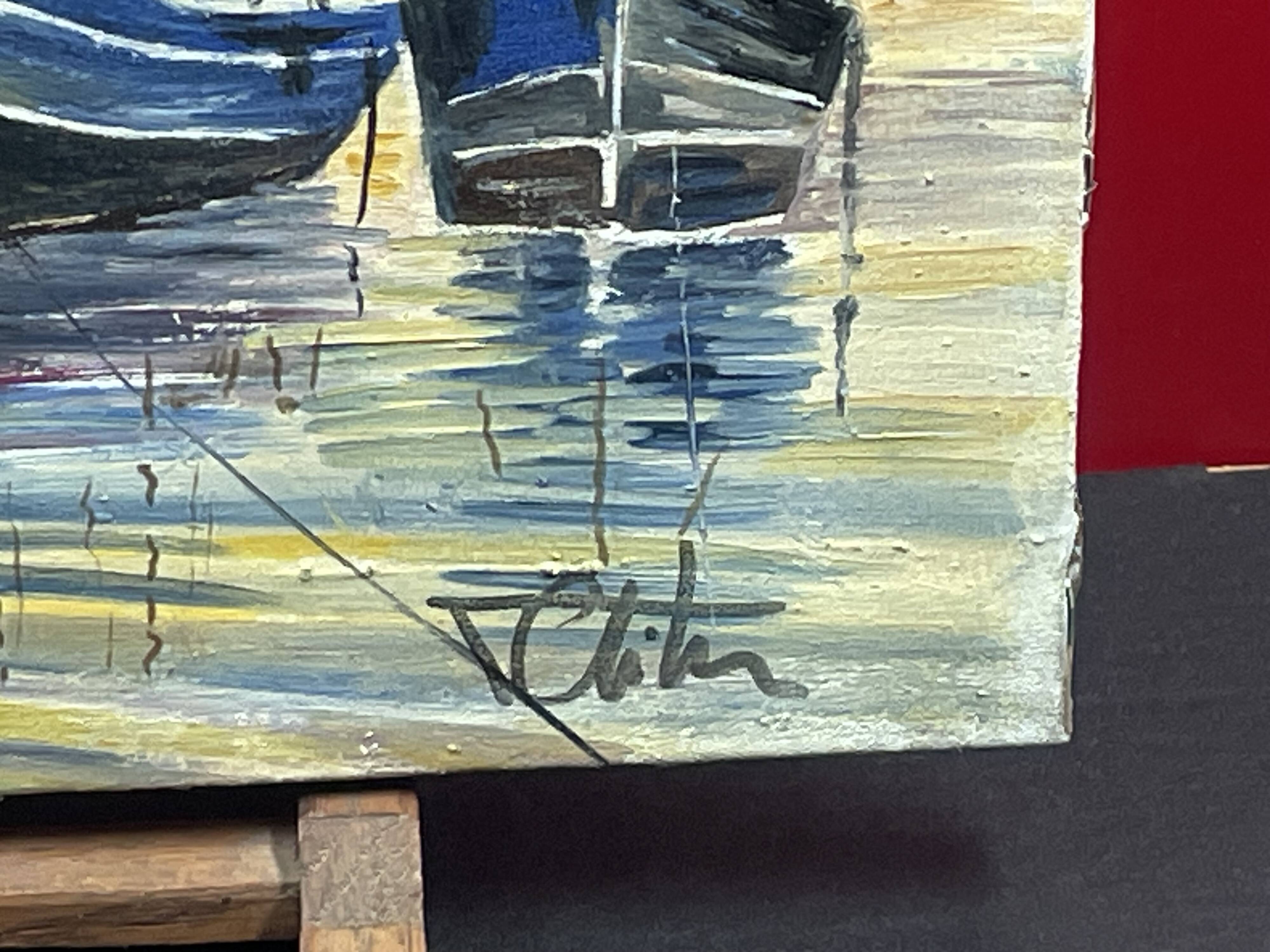 Painting Oil on canvas, Marine, Boat at anchor signature to identify