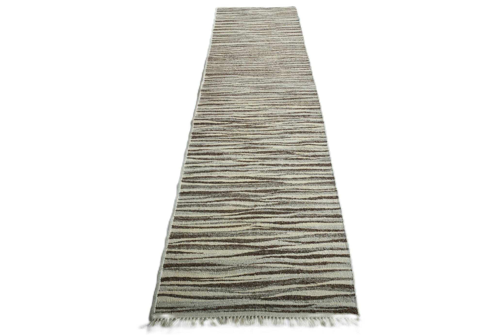 3x11 Brown & Beige Vintage Kilim Runner Rug, 84x330Cm