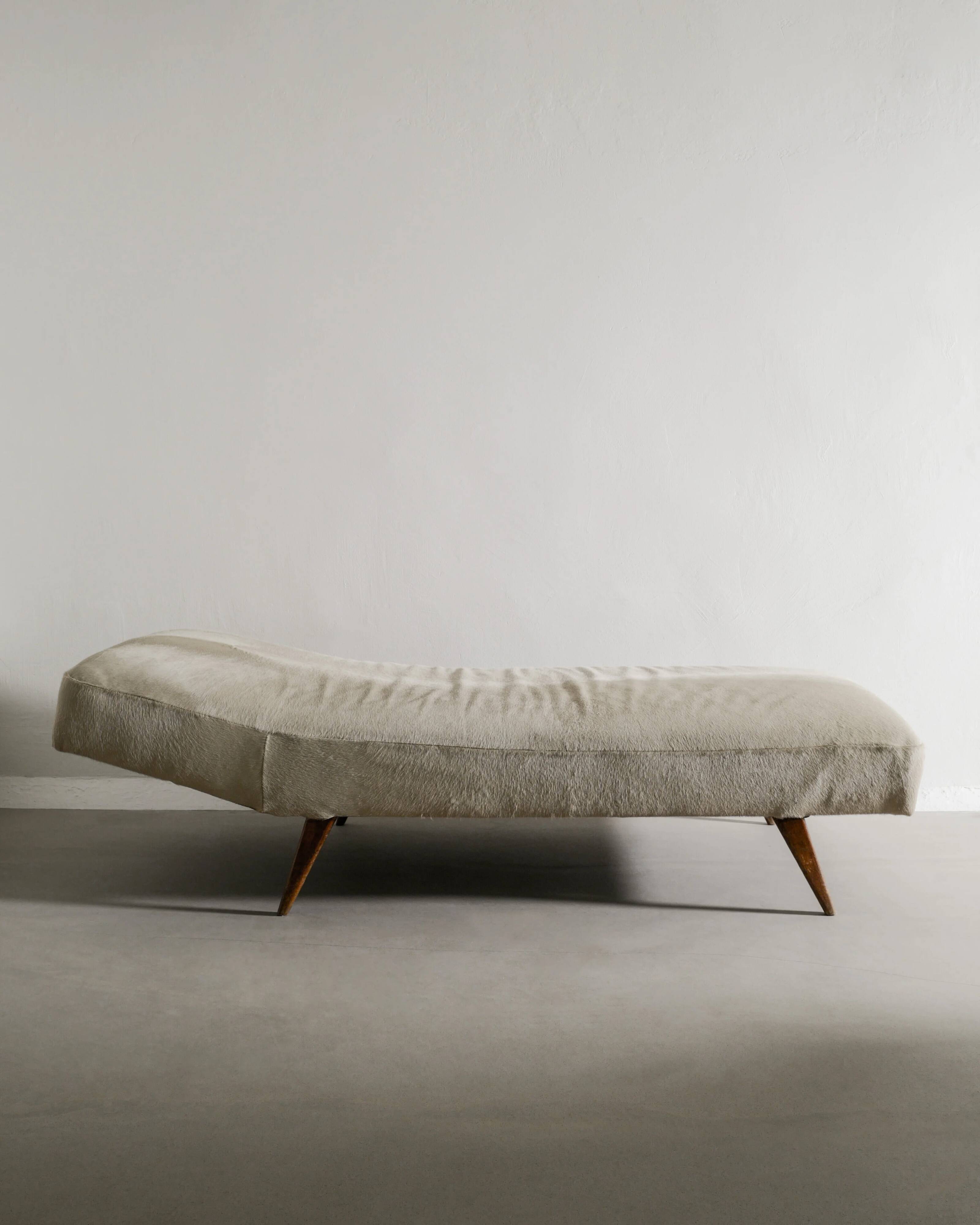 Swedish Mid Century Wooden Daybed in Teak and Beige Hide, 1960s