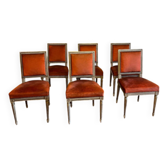 Lot de 6 chaises  Louis XVI en bois sculpté & velours orangé