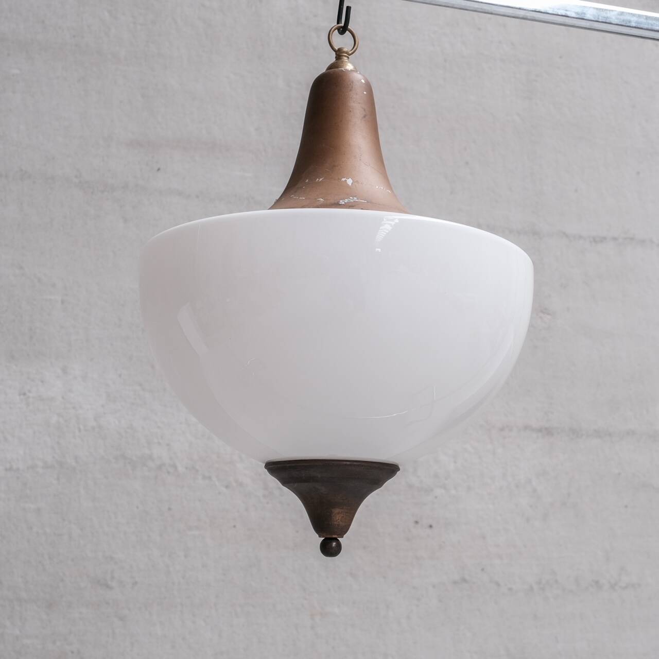 Large mid-century metal and opaline glass french pendant light
