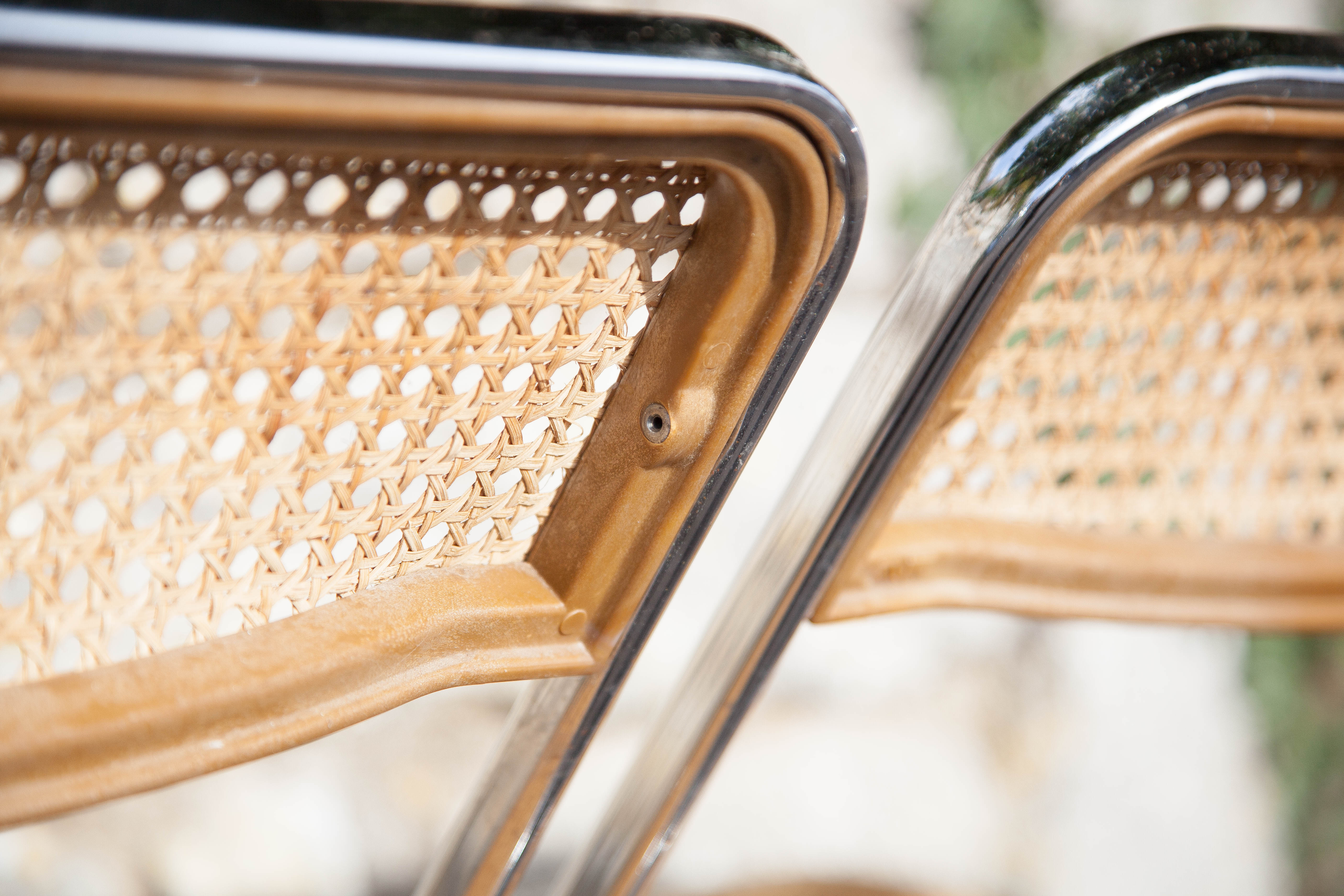 Set of 3 folding chairs in rattan and chromed metal, vintage chair, design, 60's