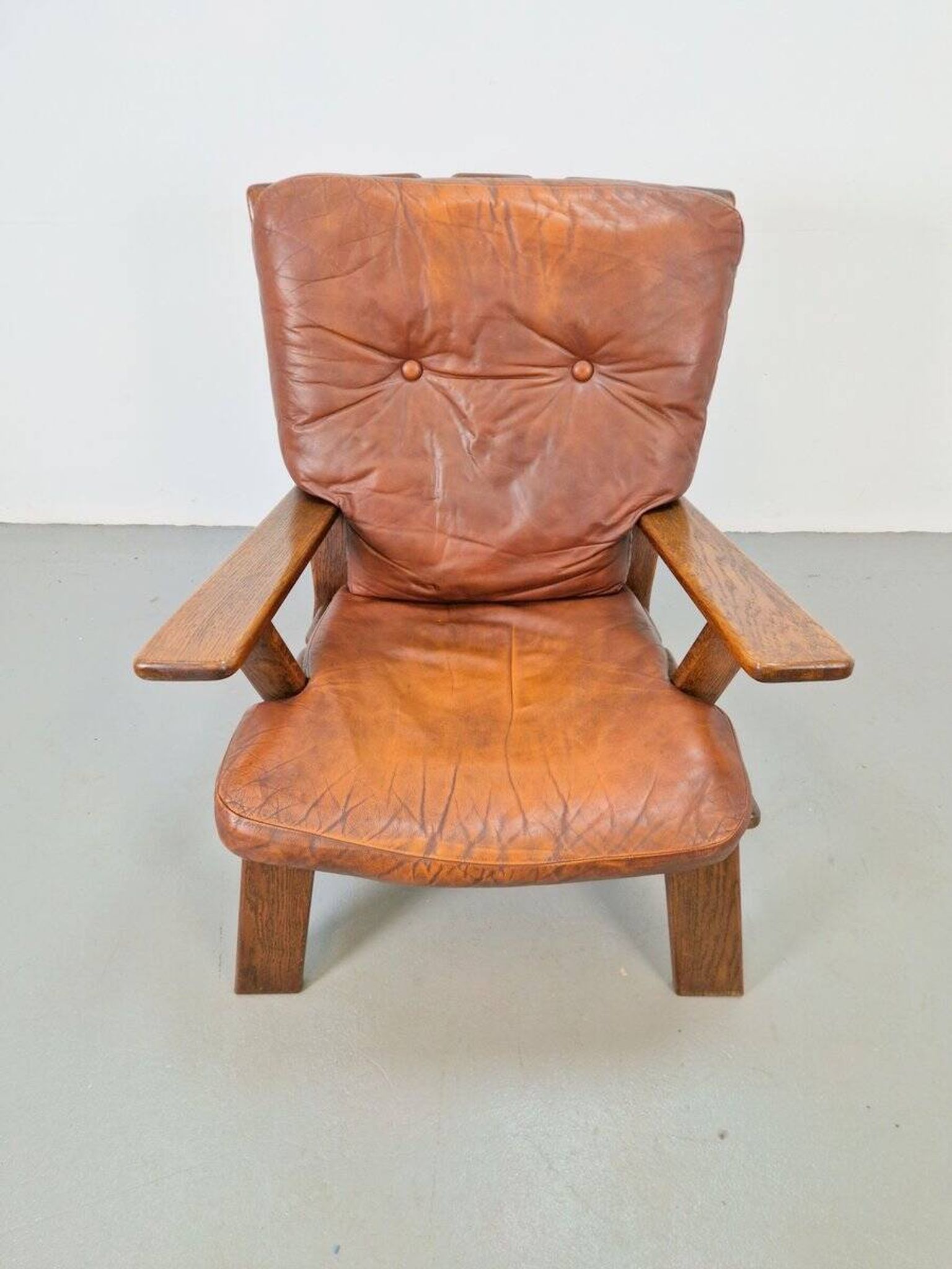 Brutalist Wood Armchair with Brown Leather Upholstery, Germany, 1960s