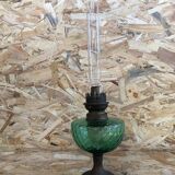 Old kerosene lamp, brass pedestal & green glass body + vintage glass tube