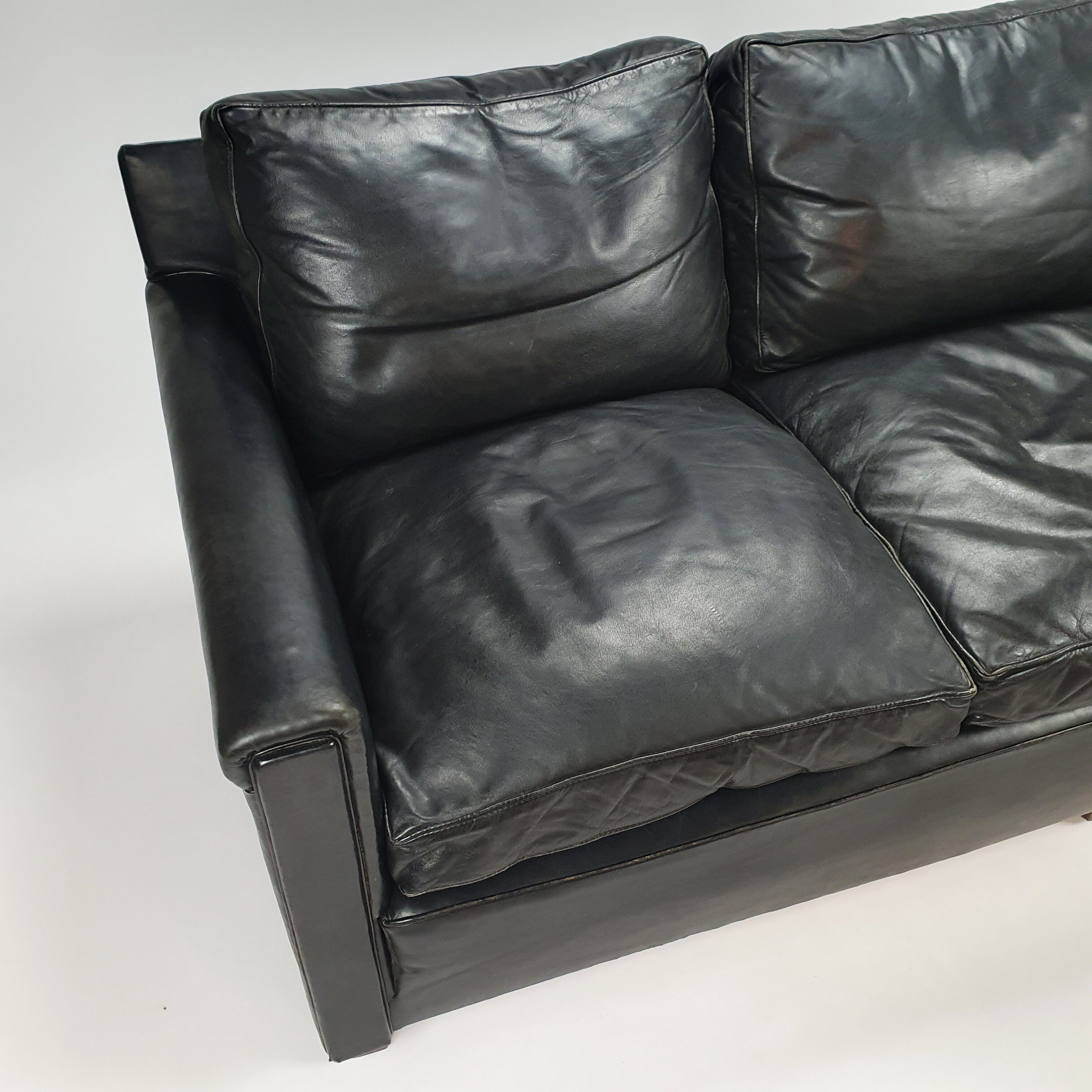 Mid century black leather scandinavian 3 seats sofa, 1950