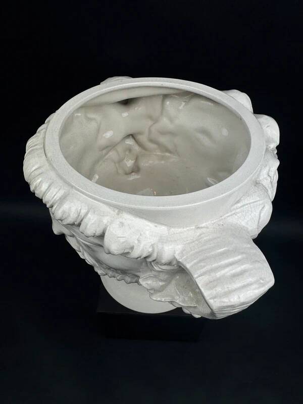 Large white earthenware flowerpot with faun heads circa 1900