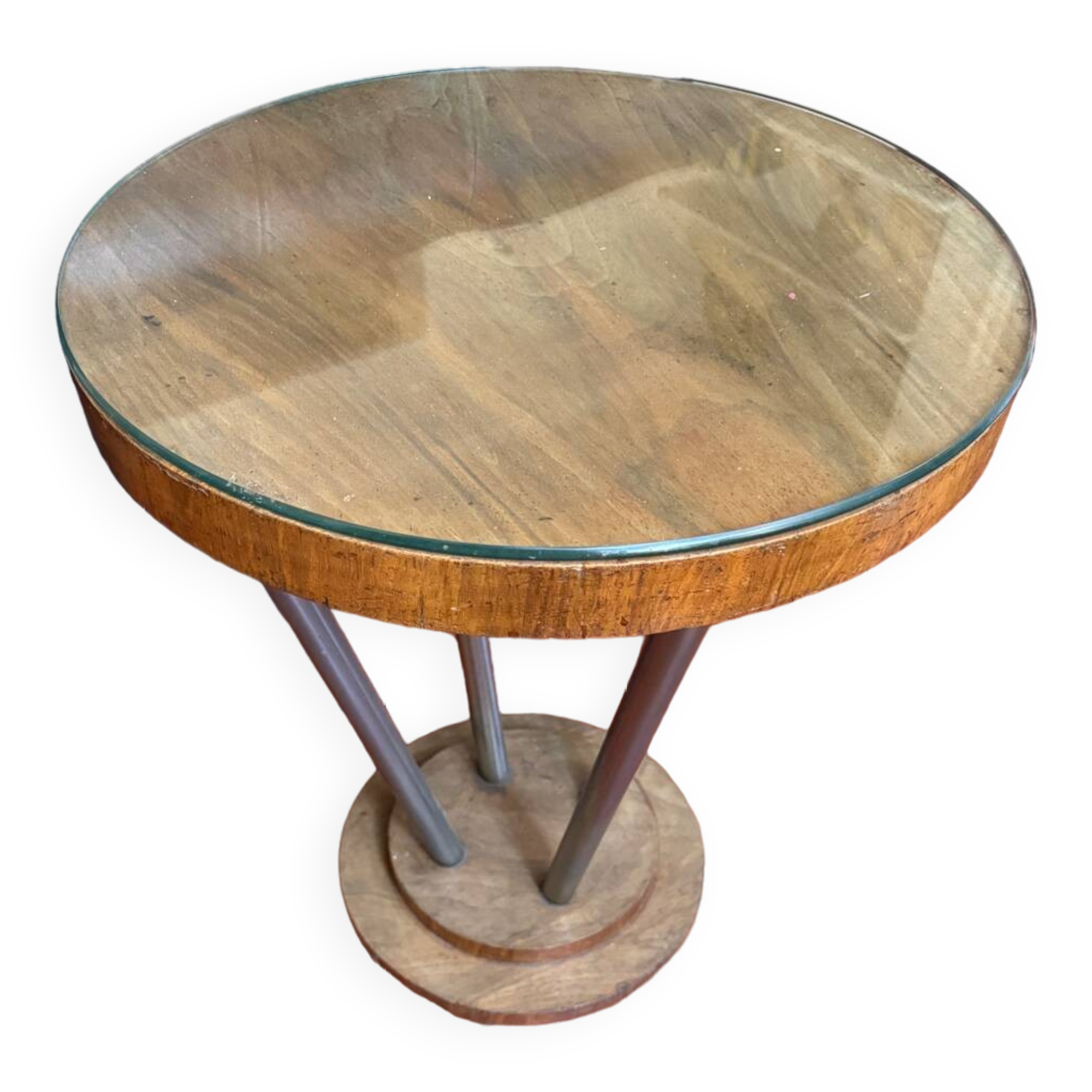 Small wooden and chrome pedestal table from the 1930s with a glass