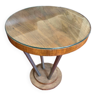 Small wooden and chrome pedestal table from the 1930s with a glass