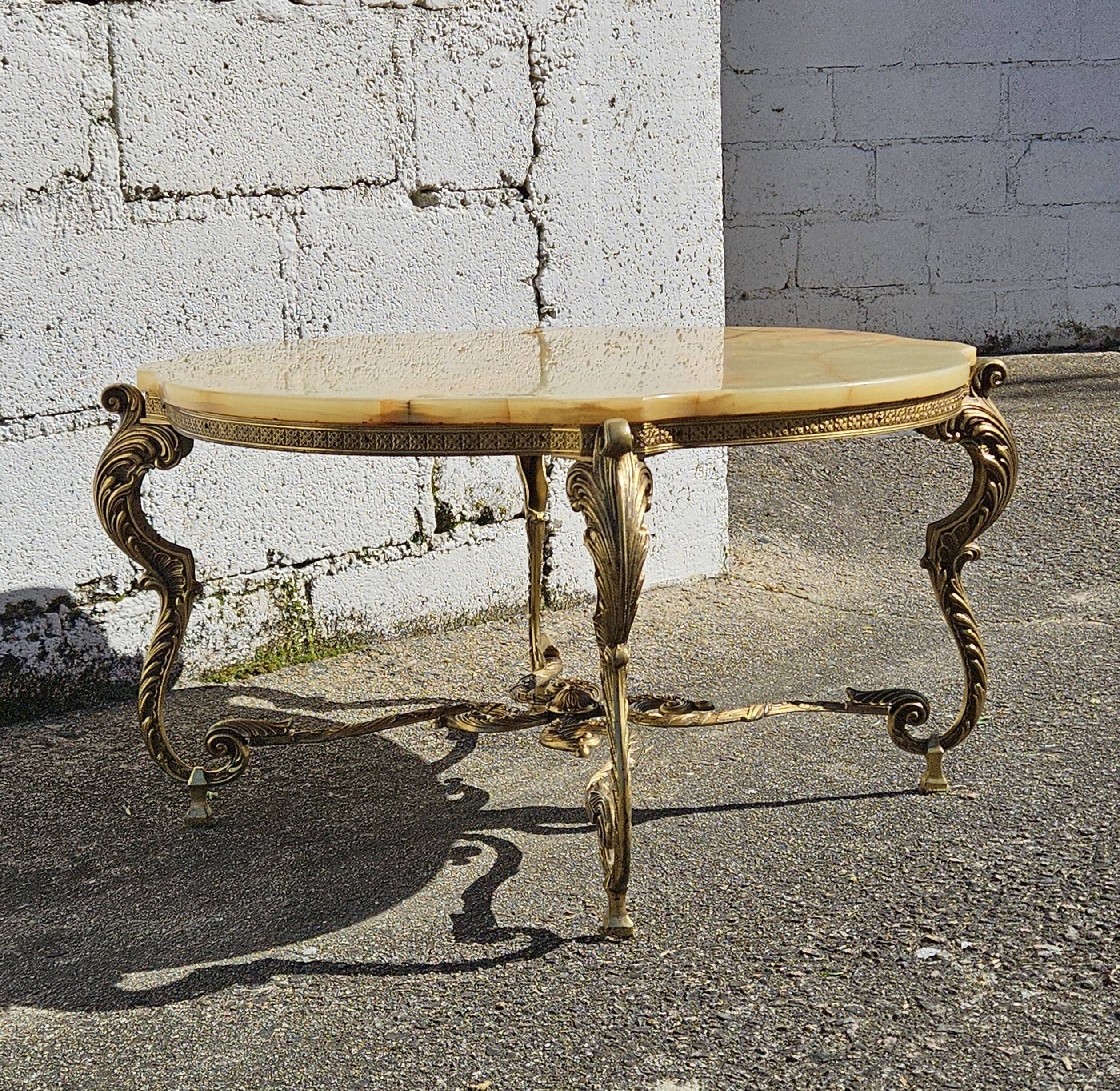 French Vintage Onyx Marble Bronze Coffee Table Style Louis XV 60s