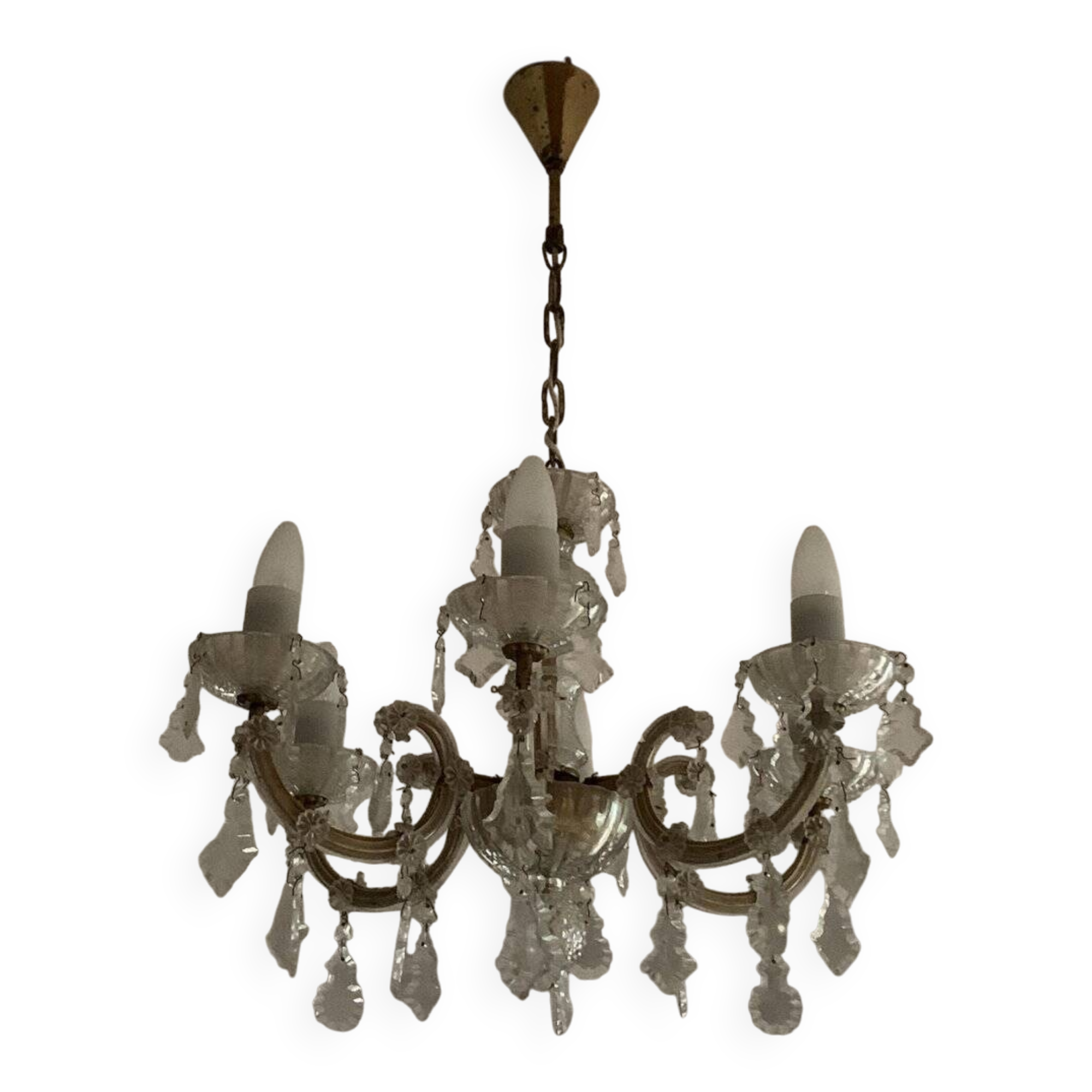 Vintage ceiling light with transparent glass pendants and patinated gold metal, 1960s.