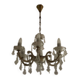 Vintage ceiling light with transparent glass pendants and patinated gold metal, 1960s.