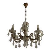 Vintage ceiling light with transparent glass pendants and patinated gold metal, 1960s.