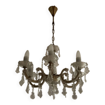 Lustre vintage avec des pendentifs en verre transparent et un métal doré patiné, années 1960.