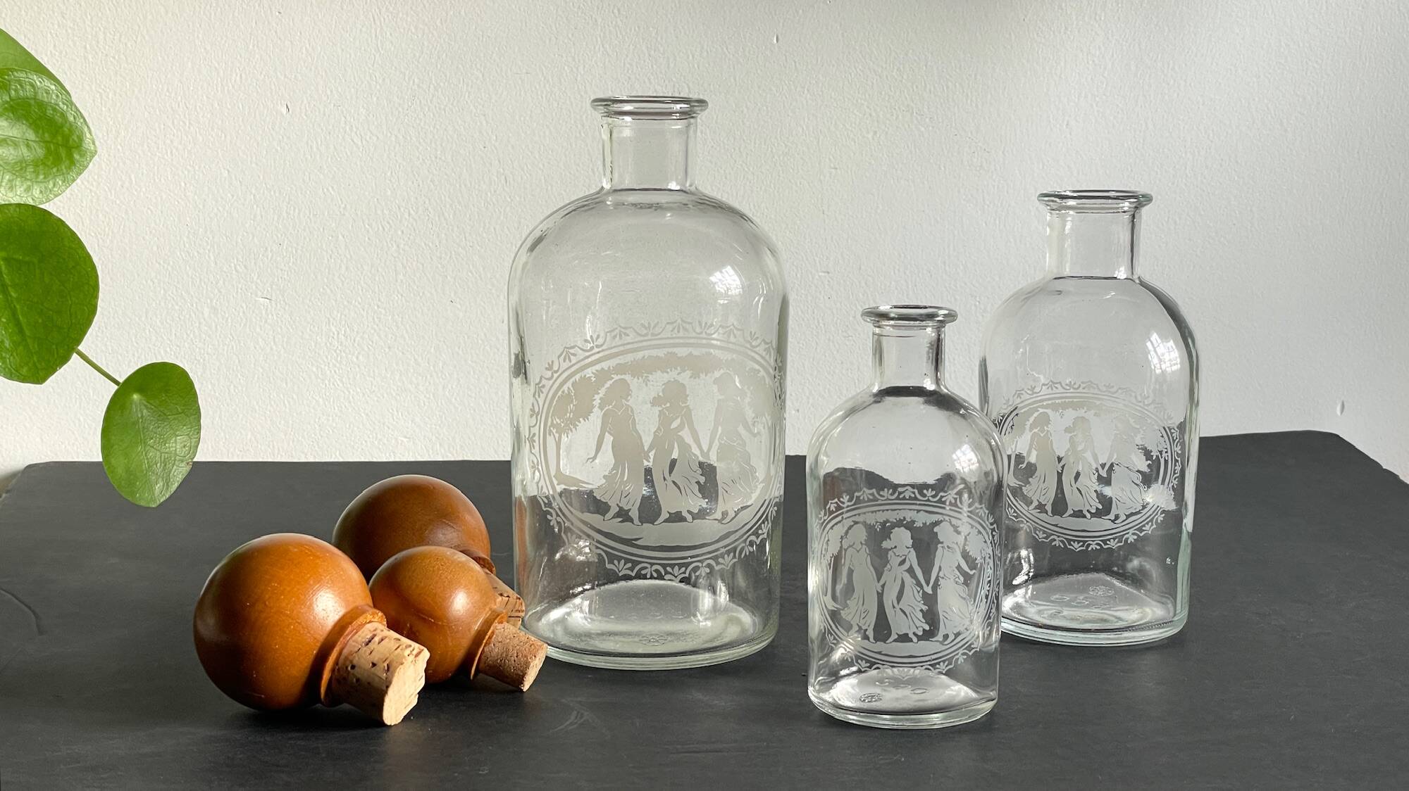 BOTTLES Engraved Glass and VINTAGE Wood