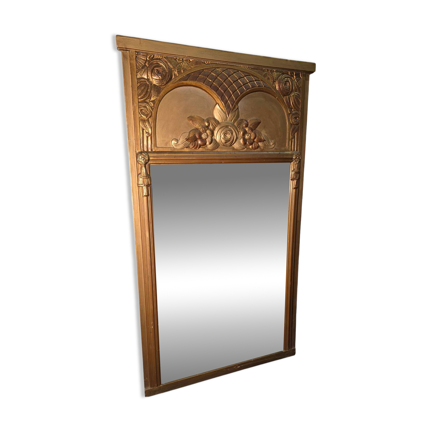 Miroir Art Déco doré années 1930 , miroir biseauté ,131cm de H