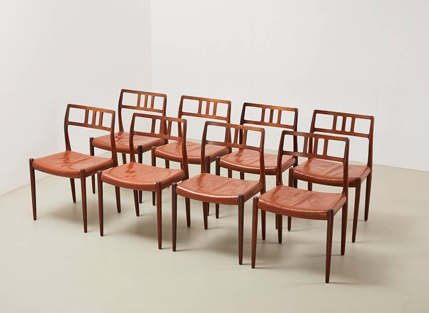 Niels Otto Moller Set of 8 Model 79 Dining Chairs in Rosewood and Leather for JL Mollers 1966