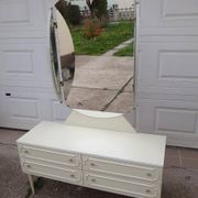 Mid-Century silver dressing table in glass and paint, central oval mirror, 1950s.