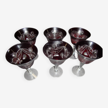 6 coupes à champagne en cristal de Bohême rouge/bordeaux