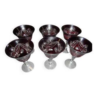 6 red/burgundy Bohemian crystal champagne glasses