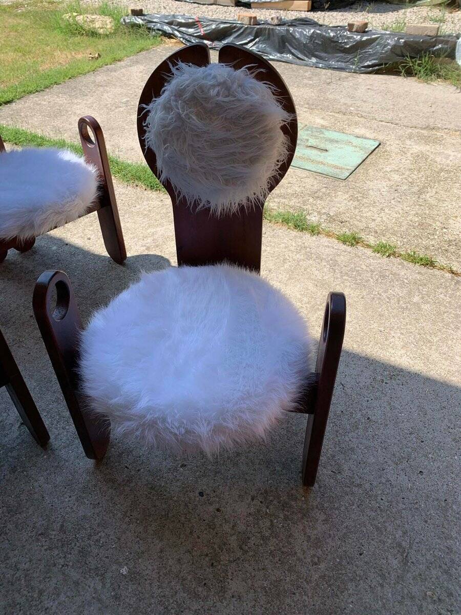 Set of 4 vintage dining chairs in brown pine and white fur by Szedleczky (1970s)