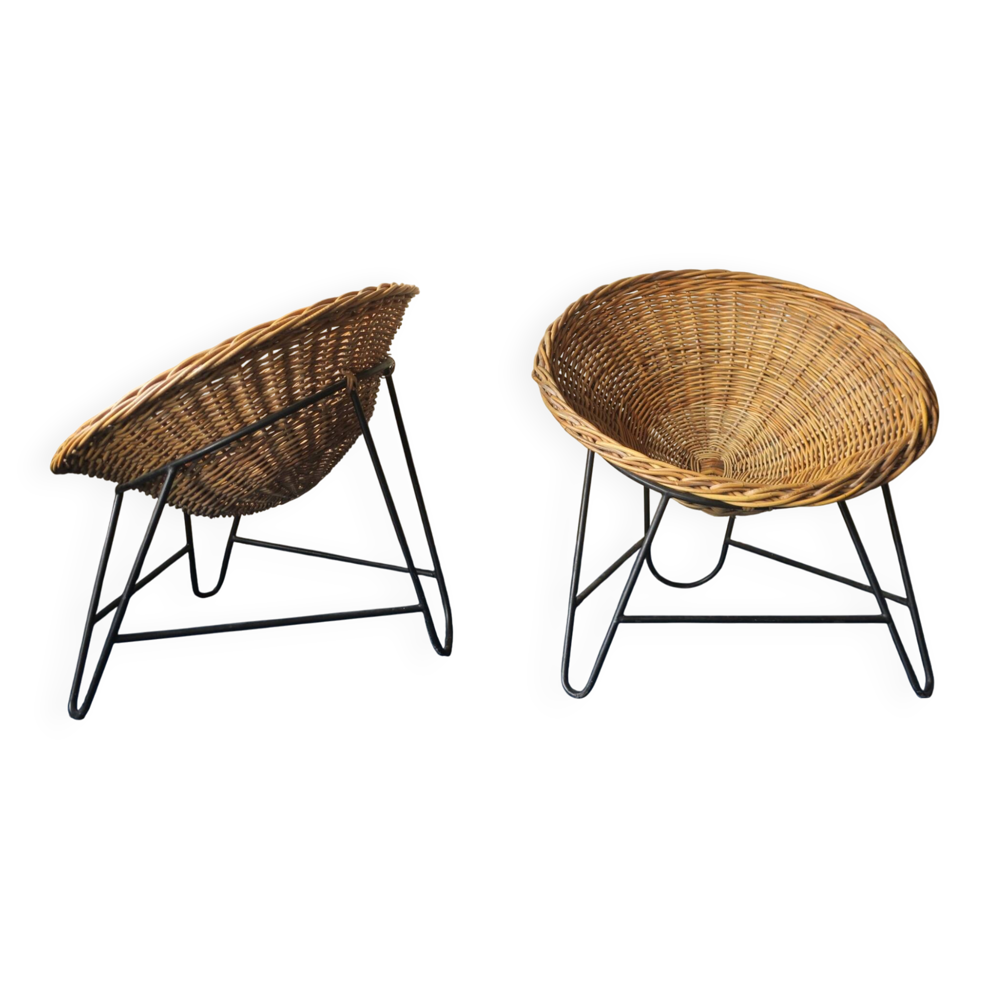 Paire de chaises pod en bambou et fer du milieu du siècle, années 1960