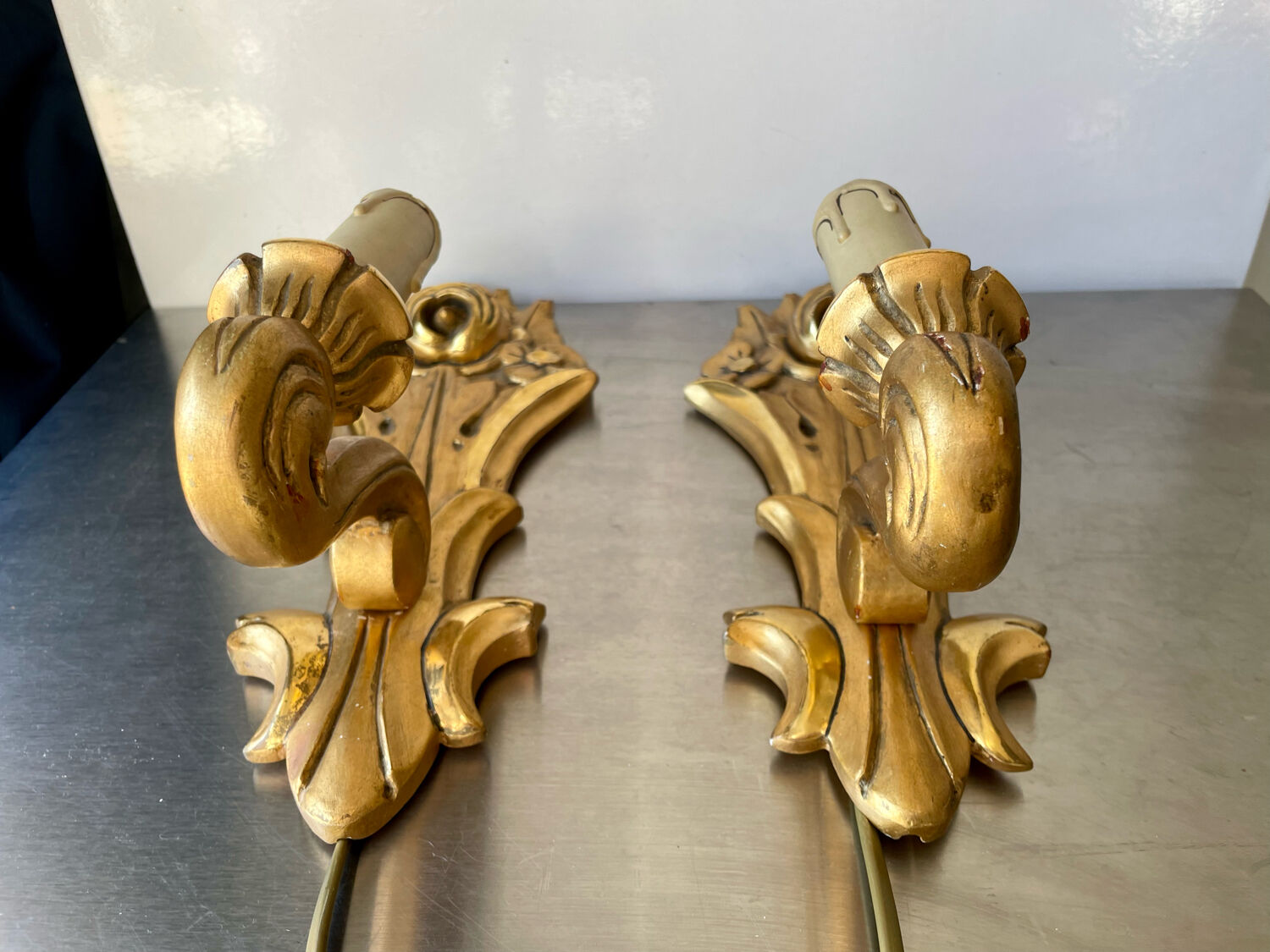 Pair of vintage gilded wood electric wall sconces